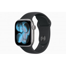 Apple Watch Series 11, 46мм Серый / Space Gray, силиконовый спортивный ремешок Черный / Sport Band Black